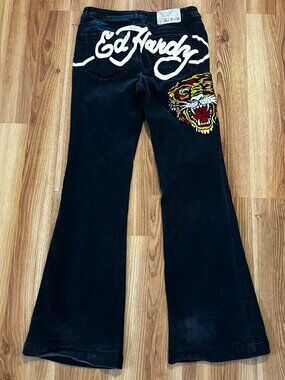 Ed Hardy Woman's Black Mob-Wife Grunge Tiger Head Slim Flare Jeans Sz 28